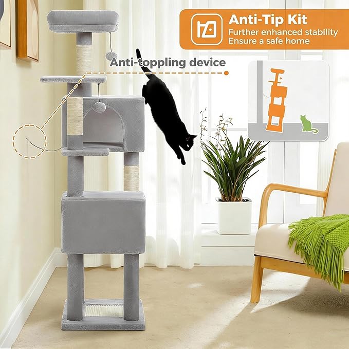 62" Cat Tree for Adult Cats - Multi-Level Tower with 2 Condos, Scratching Posts, Plush Bed & Pompoms, Gray