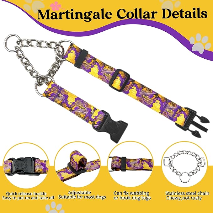 Martingale Dog Collar with Chain Stainless Steel, Nylon Dog Collar Flowers Pattern, Adjustable Training Walking Collar with Quick Release Buckle, Slip Chain Collar for Puppy Medium Large Dogs