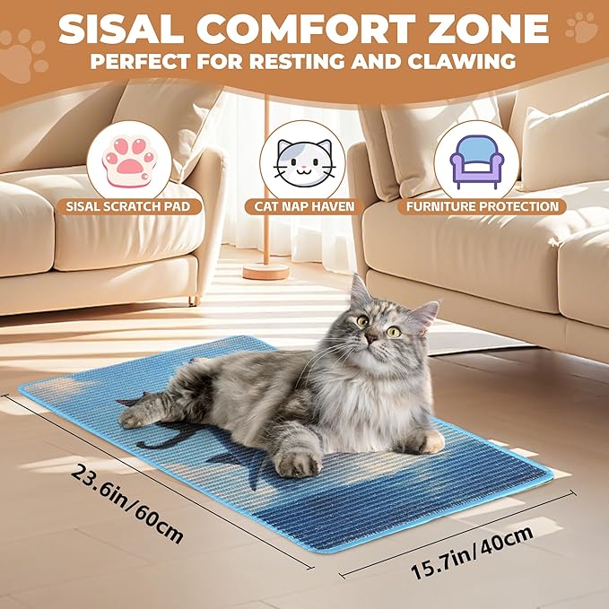 Sisal Cat Scratcher Mat, Cat Wall Scratcher for Indoor Cats, 23.6x15.7 Inch Cat Scratch Pad with Hook & Loop, Wall Mounted Cat Scratching Post to Protect Couch and Carpet（Shark）