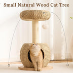 Modern Solid Wood Cat Tree Tower for Indoor Cats Large Adult, 30 inch Corner Small Cat Tree with Handmade Rattan Cat Bed, Luxury Aesthetic Cat Tree with Rattan Cave, Scratching Post