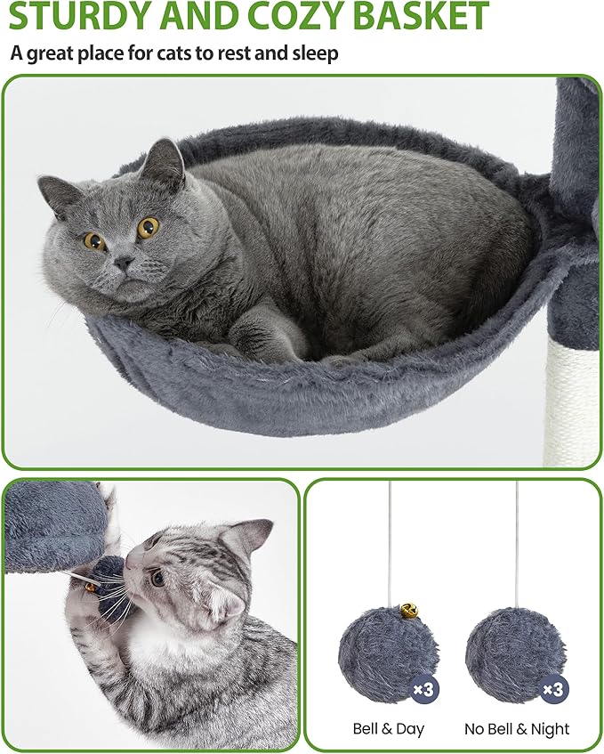 Multi-Level Cat Tree Tower for Indoor Cats, 67 inch Tall XL Heavy Duty Climbing Tower with 3 Large Platform, Scratching Post, Hammock, Kitty Condo for Multiple Cats, Extra Large Cat Trees, Dark Grey