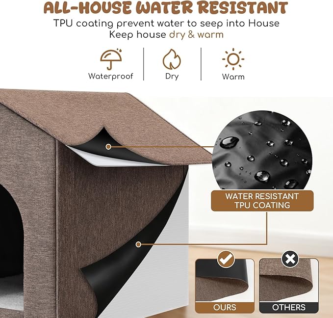 Outdoor Cat House Weatherproof, Insulated Cat Houses for Outdoor/Indoor Cats for Winter, Waterproof Feral Stray Cat Shelter with Door Curtain and Warm Cushion, Easy to Assemble, Brown