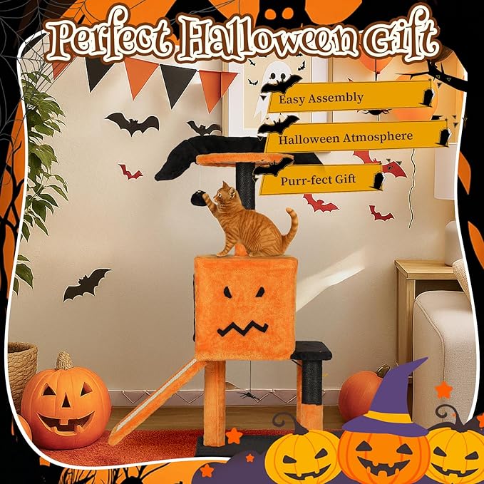 Outvita Halloween Cat Tree, 40" Cat Tower Cat Tree for Indoor Cats with Spacious Cat Condo, Sisal Scratching Posts, Hanging Toys, Orange & Black
