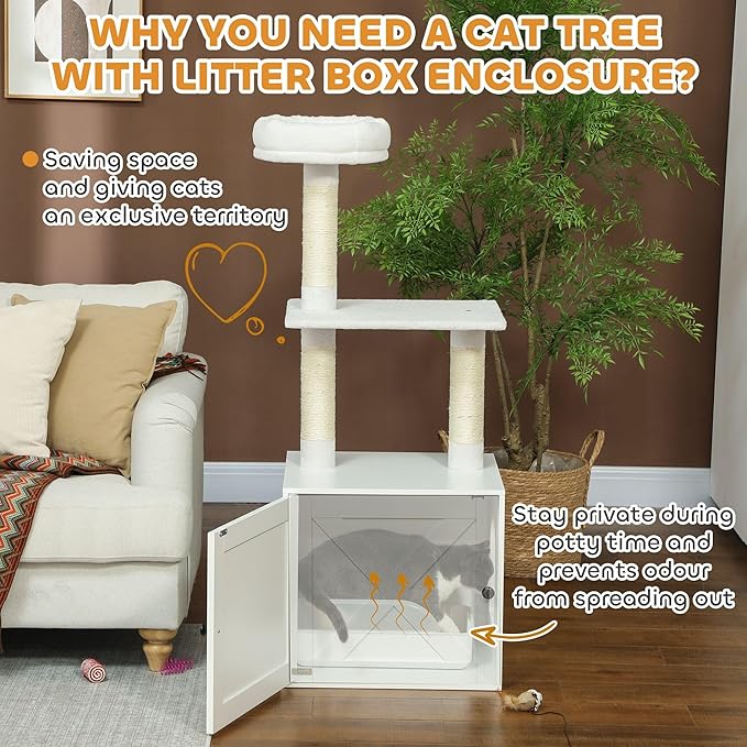 Elegant Multi-Tier Cat Tree with Privacy Litter Box, Premium Sisal Scratching Areas, Plush Bedding, Tiered Platforms - White