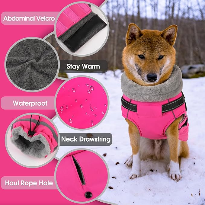 PETDSH Dog Coat Large, Built-in Harness Dog Jacket with Warm Fleece Lining, Waterproof Reflective Dogs Winter Coat, Pet Coats with Pocket and Trash Bags (Pink, XX-Large)