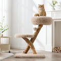 33" Modern Cat Tree for Indoor Cats, Aesthetic Natural Wood Cat Tower with Branch-Style Scratching Posts, Luxury Plush Faux Fur Cat Bed with Natural Loft, Perch & Hanging Ball, Almond Khaki