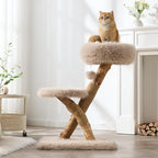 33" Modern Cat Tree for Indoor Cats, Aesthetic Natural Wood Cat Tower with Branch-Style Scratching Posts, Luxury Plush Faux Fur Cat Bed with Natural Loft, Perch & Hanging Ball, Almond Khaki