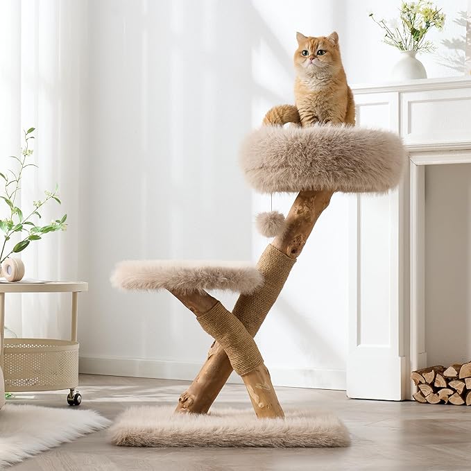 33" Modern Cat Tree for Indoor Cats, Aesthetic Natural Wood Cat Tower with Branch-Style Scratching Posts, Luxury Plush Faux Fur Cat Bed with Natural Loft, Perch & Hanging Ball, Almond Khaki