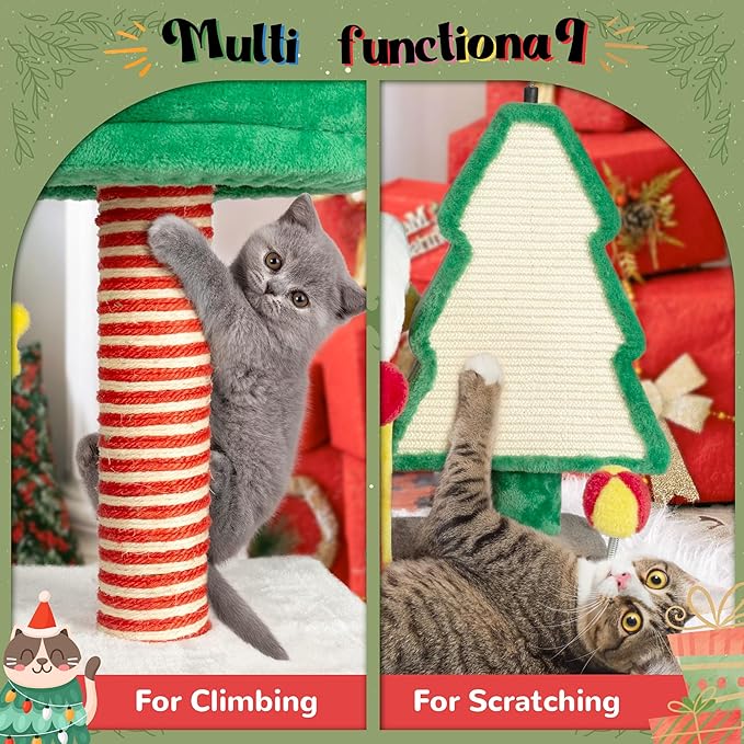 KAMABOKO Christmas Cat Tree Cat Tower with Cat Condos, 33.5" Multi-Level Top Perches, Sisal Ramp Scratching Posts, Cozy Basket, Hammocks, Large Cats Pet Activity Structure