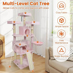 PETSITE Multi-Level Cat Tree, 65 Inches Tall with Sisal Scratching Posts, Condos, Rotatable Cat Basket, Dangling Balls, and Sisal Ladder, Ideal for Indoor Cats to Play and Rest (Pink)