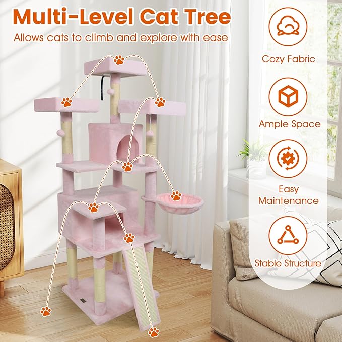 PETSITE Multi-Level Cat Tree, 65 Inches Tall with Sisal Scratching Posts, Condos, Rotatable Cat Basket, Dangling Balls, and Sisal Ladder, Ideal for Indoor Cats to Play and Rest (Pink)