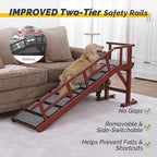 Dog Ramp for Bed or Couch, Wooden Pet Ramp with 20° Gentle Slope, Removable Side Rails, Non-Slip Surface, Top Platform & Wheels, Safe Bed Ramp for Small, Large & Senior Dogs, 60" Long, Mahogany