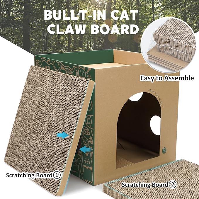 Cardboard Cat House with 2 Story Scratch Pads - Indoor Cat Play House, Corrugated Scratcher Box, Hideout for Small Animals