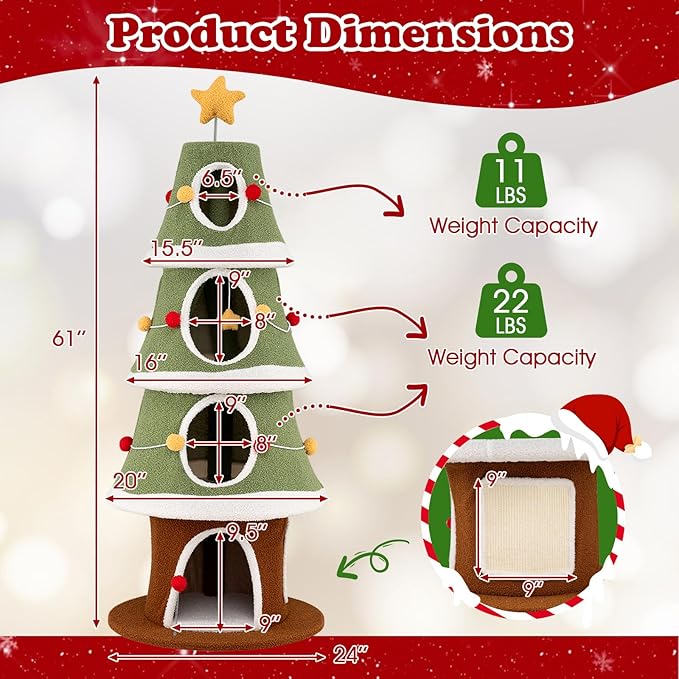 PETSITE 61 Inches Cat Christmas Tree, Cute Christmas Cat Tower with 4 Condos, Colorful Ornaments, Sisal Board, Dangling Ball, Spring Toy, and Star-Shaped Spring-Type Top, Ideal for Indoor Cats