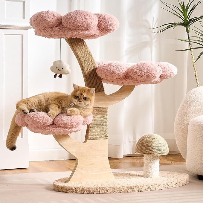 797Audio Flower Cat Tree, 37" Wood Branch Cat Tower, Pink Cloud Cat Tree with Scratching Post for Indoor Adult Cats, Luxury Cat Tree with Mushroom Cat Scratcher & Interactive Squeaky Toy