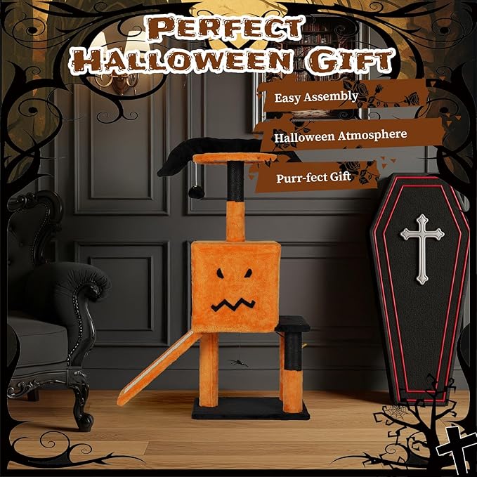 Gothic Cat Tree, 39.4" Halloween Cat Tree, Black Cat Tower for Indoor Cats with Sisal Scratching Posts, for Indoor Cats with Spacious Cat Condo, Sisal Scratching Posts, Hanging Toys, Orange & Black