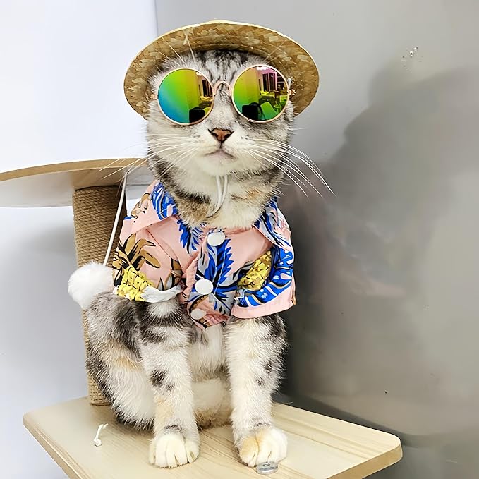 Pet Shirt Summer Breathable Pet Dog Hawaiian Costume Pet Cat Sunglasses Hawaii for(Pink)
