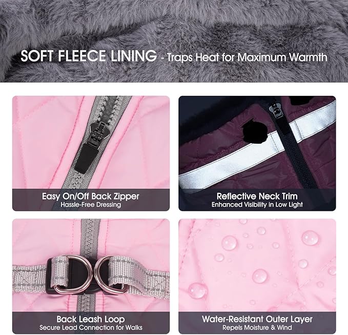 FUAMEY Dog Coat for Large Dogs,Waterproof Dog Winter Jacket with Harness Built in Puppy Cold Weather Coats Reflective Pet Vest with Zipper Warm Fleece Dogs Snowsuit Windproof Pink 3XL