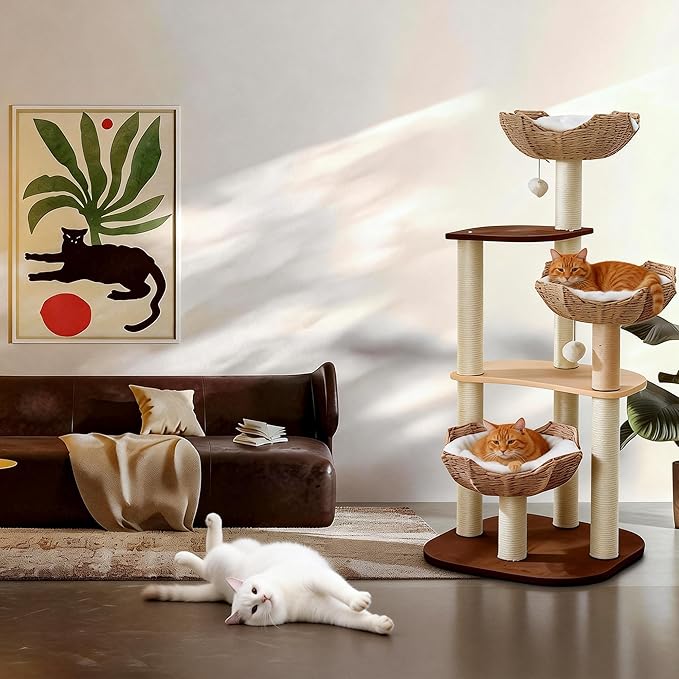 Cat Tree Tower, Modern Cat Tree with Hand-Woven Basket Nest, Sisal Posts, Extra Large 54 Inch Heavy-Duty Multi-Level Indoor Wood Tower