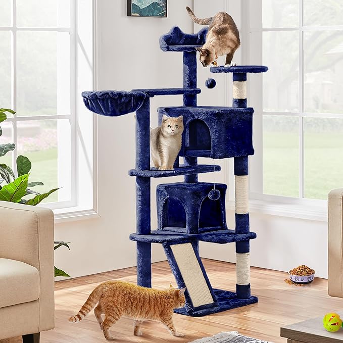 Yaheetech 57 inches Cat Tree for Indoor Cats, Multi-Level Cat Tower w/ 3 Perches, 2 Cat Condos, 2 Hanging Balls and Scratching Posts, Navy Blue