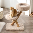 33" Modern Cat Tree for Indoor Cats, Aesthetic Natural Wood Cat Tower with Branch-Style Scratching Posts, Luxury Plush Faux Fur Cat Bed with Natural Loft, Perch & Hanging Ball, Almond Khaki