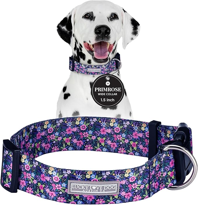Lucky Love Dog Wide Dog Collar - Adjustable, Durable, Soft Webbing, & Comfortable 1.5 inch Wide Collar for Dogs Male and Female with Strong Buckle - Primrose, Medium