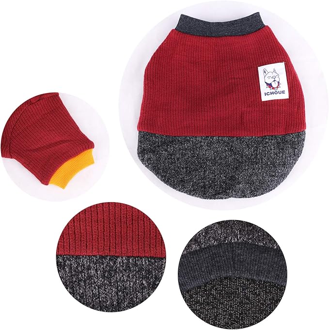iChoue Pet Dog Crewneck Sweater Color Block Pullover Winter Warm Clothes for English Bulldog Boston Terrie - Red and Black/Large Plus