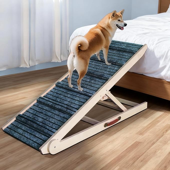 ZJSF Foldable Dog Ramp for High Bed, Wooden Dog Stairs to Bed for Small and Large Dogs, High Traction Platform with 6 Adjustable Heights (14"-30"), 48", Supports up to 230 lbs