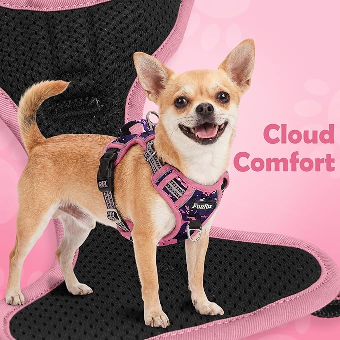 Funfox Dog Harness No Pull, Adjustable Pet Vest Harness, Super Soft Material with Vertical Handle Easy Control, Reflective Night Walking, 2 Leash Clips for XLarge Dogs, Mosaic Pink, XL