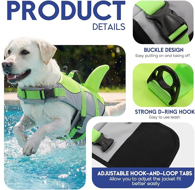 ASENKU Dog Life Jacket - Pet Safety Vest for Swimming & Boating, Shark Life Jacket with Floatation, Dog Lifesavers Swimsuits for Small Medium Large Dogs (Green, XS)