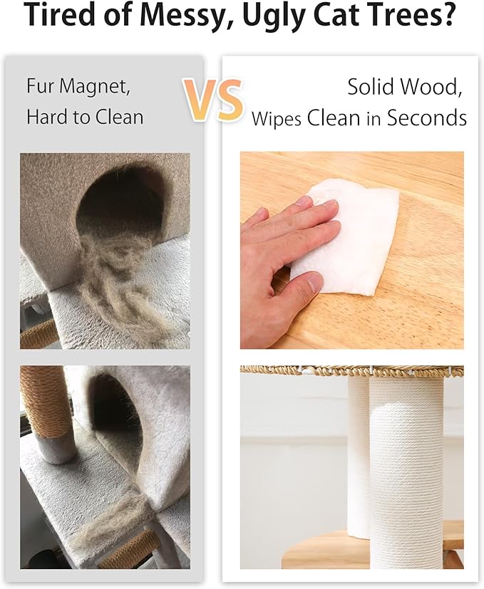 Wood Cat Tree 31-Inch Sall Cat Tower with Scratching Post for Indoor Cats, Multi-Level Cat Condo with Hand-Woven Cat Bed and Acrylic Bowl Easy to Clean
