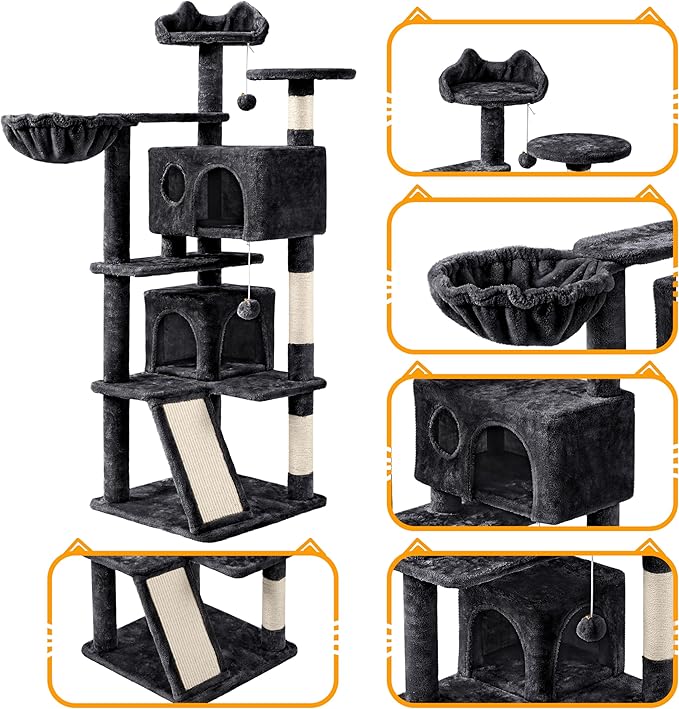 Yaheetech Cat Tree, 57 inches Cat Tower with Double Condo, Scratching Board and Basket, Cat Furniture for Indoor Cats Kitten- Black