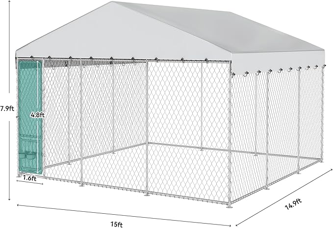 DWVO 14.8'x14.8' Dog Kennel Outdoor with Rotating Feeder Bowls, Outdoor Dog Pens with Roof, Heavy Duty Dog House for Medium Large Dogs