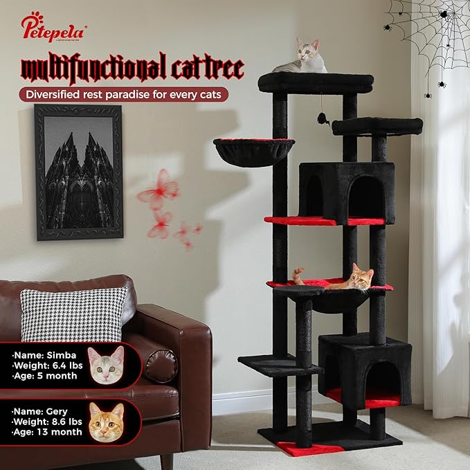 PETEPELA 69" Gothic Cat Tree for Indoor Large Cats, Cat Tower for Adult Cats with Big Hammock [18.5''X15.3''], Cat Climbing Tree Tower with Scratching Posts, Condo House and Large Top Perch, Black