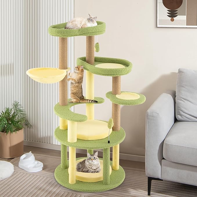 PETSITE 51-inch Avocado-Themed Cat Tree, Multi-Level Modern Cat Tower with Jute Scratching Posts, Avocado-Shaped Dangling and Spring Toy, and Removable Cushions, Cute Cat Tree Tower for Indoor Cats