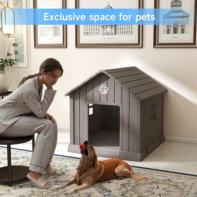 EasyUp Dog House Outdoor Indoor,Dog House Weatherproof Resin Shelter with Air Vents and Elevated Floor for Small Medium Large Dogs,Easy Clean and Assemble(37.8 * 40.87 * 38.82in,Coffee)