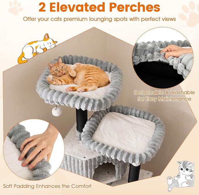 Tangkula Carpet Cat Tree, 62 Inch Tall Cat Tower with Scratching Posts, 2 Condos, 2 Perch Beds, Dangling Jingle Balls, Soft Flannel Covering, Unique Cat Tree for Indoor Cats
