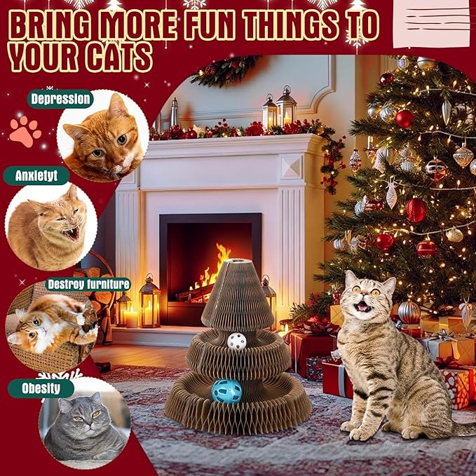 Soulchen Christmas Tree Magic Organ Cat Scratching Board, Combinable Cat Toy, Interactive Cardboard Kitty Scratcher with Bell Ball, Durable Foldable Accordion Scratch Pad, Exercise for Indoor