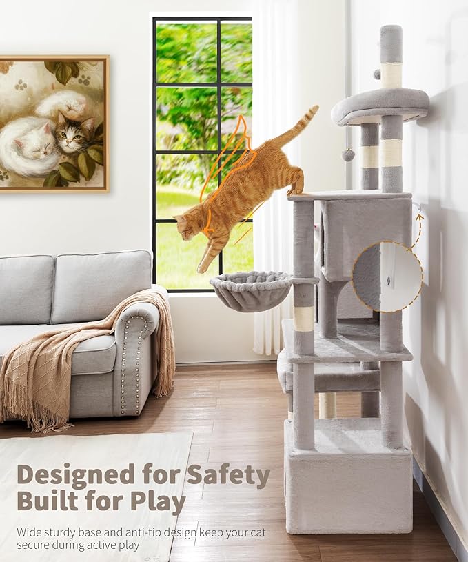 Heavy Duty Cat Tree for Indoor Cat, 74 Inch Cat Tower with Scratching Post, Hanging Basket, Cat Condo with Large Platform for Large Cats, PMT04GY, Grey