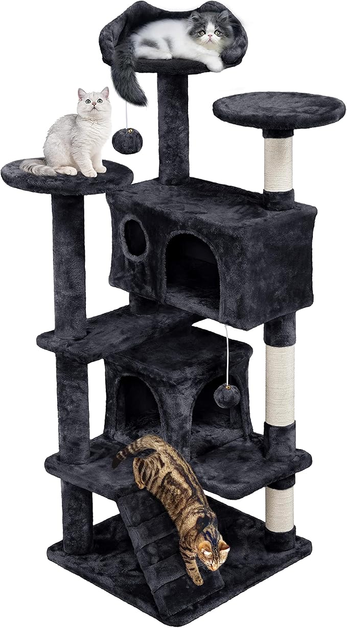 Topeakmart 54in Cat Tree, Cat Tower w/Large Cat Condo Scratching Posts and Perch, Cat Stand House Furniture, Black