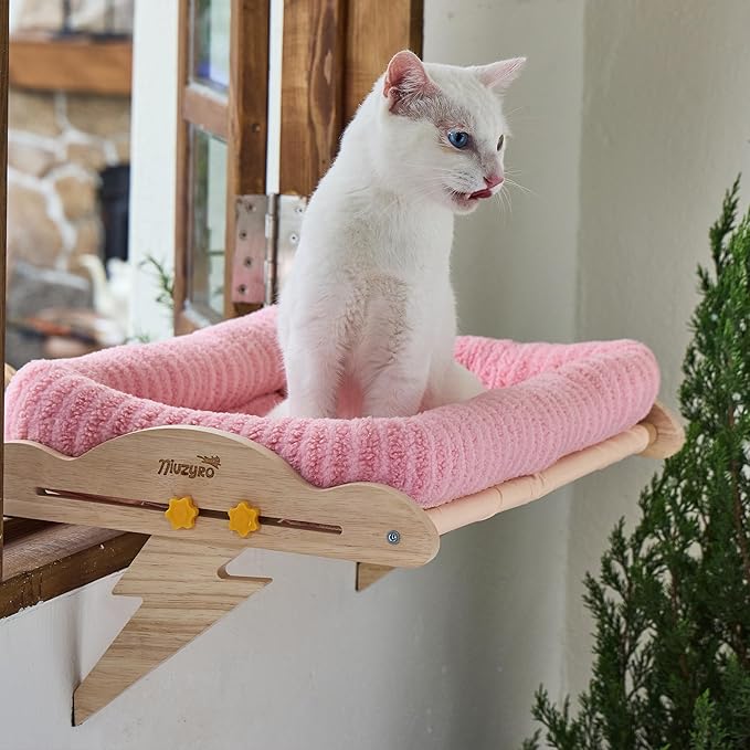 Cat Window Perch, Adjustable for Standard Window Sills Up to 7" Deep with Gap/Slot, Sturdy Wooden Cat Window Hammock Holds Up to 45 lbs, Washable Sherpa Cushion Window Seat for Large Indoor Cats