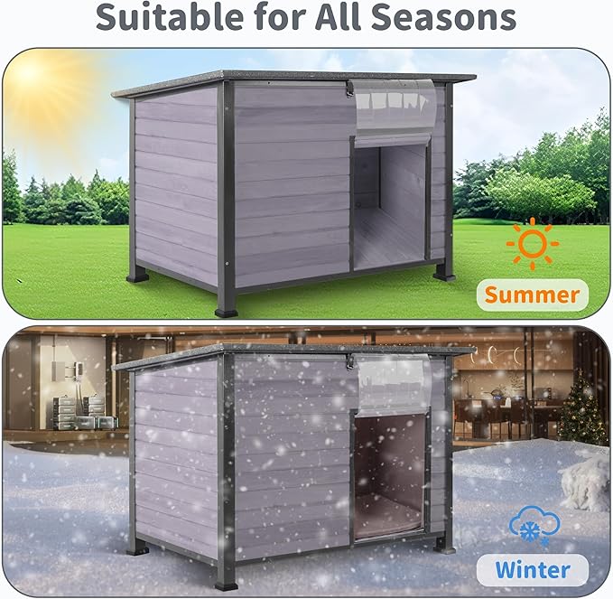 Insulated Dog House Outdoor Weatherproof, Wooden Heated Large Houses with Removable Liner for Winter, Upgrade Anti-Chewing Iron Frame Dog Shelter for Puppies, Cats