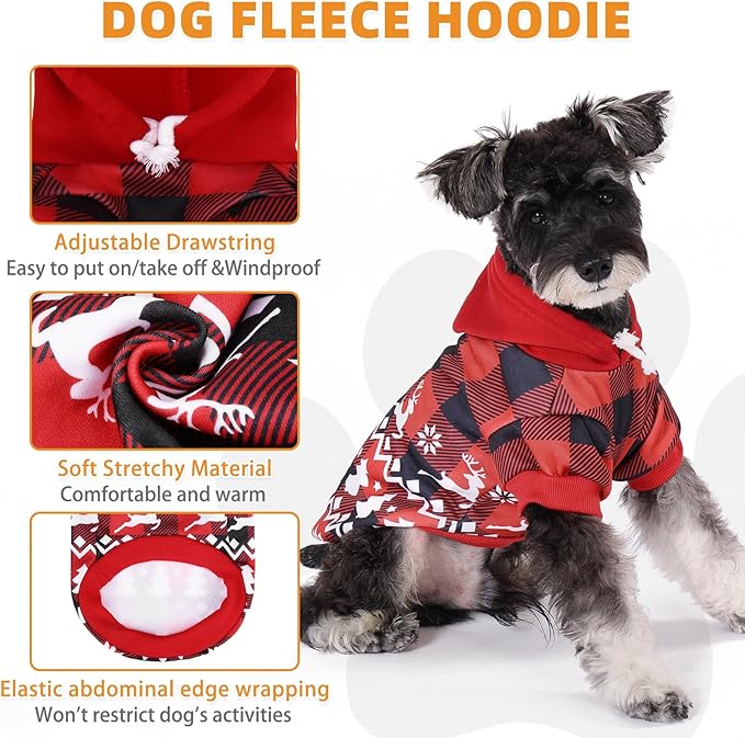 KOOLTAIL Christmas Dog Hoodie, Red Plaid Pet Sweater, Hat Hooded Sweatshirt Dog Clothes for Small Medium Large Dogs, Soft Warm Winter Cold Weather Coat with Leash Hole&Pocket, Reindeer Snowflake, M