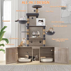 HavenlyYouth Cat Tree with 2 Litter Box Enclosures, All-in-One Cat Tower, Cat Condo with Sisal Scratching Posts, Hammocks, Detachable Plush Ball, Wooden Cat Furniture with Large Platforms, Grey