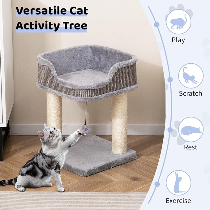 Tangkula Small Cat Tree for Indoor Cats, Modern Carpeted Cat Tower with Soft Plush Perch, Cat Condo Cat Bed with Scratching Posts, Dangling Ball, Cute Cat Activity Tree for Play Rest (Light Gray)
