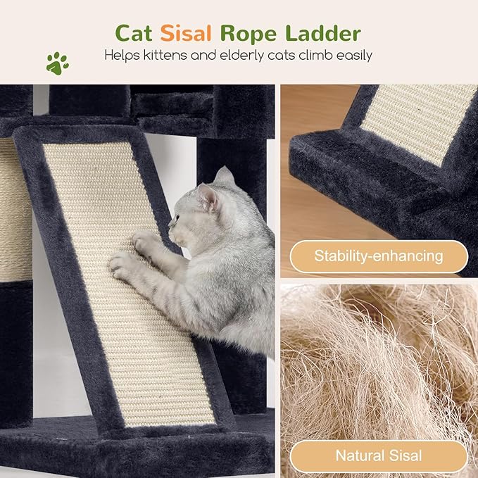 Globlazer Large Cat Tree, 72 inch Tall Cat Climbing Tower for Indoor Large Adult Cats Multi-Level Furniture Tree House with 2 Cozy Perches, 2 Padded Condos, 5 Sisal Scratching Posts, F72G, Dark Grey