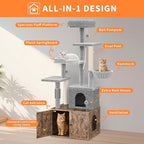 Cat Tree with Litter Box Enclosure Large,Tall Multilevel Cat Play House with Modern Cat Condo,Spacious Hammock, Cozy Top Perch,Sisal Posts and Dangling Balls,Wooden Cat Furniture for Indoor Cats Brown