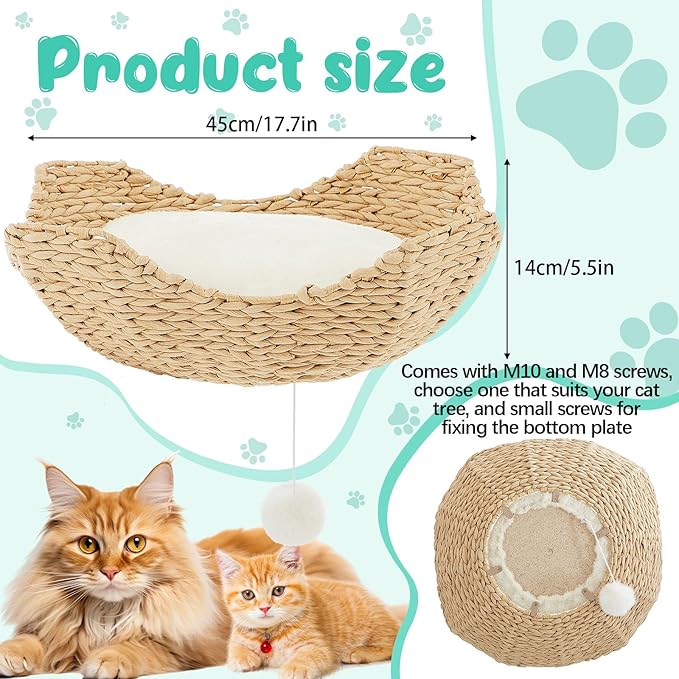 3 Set 18" Cat Tree Tower Replacement Parts Add ons Accessories Set Wicker Basket Beds Rattan Cat Tree Handwoven Rope Nest Bowl Screws Bottom Plate with Furry Balls and Soft Cushion