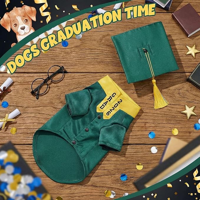 5 Pcs Dog Graduation Costume Set Include 2026 Pet Graduation Gown with Stole Puppy Grad Cap Lensless Glasses DIY Letter Stickers for Dogs Cats Holiday Costume Accessory(Green Yellow,M)