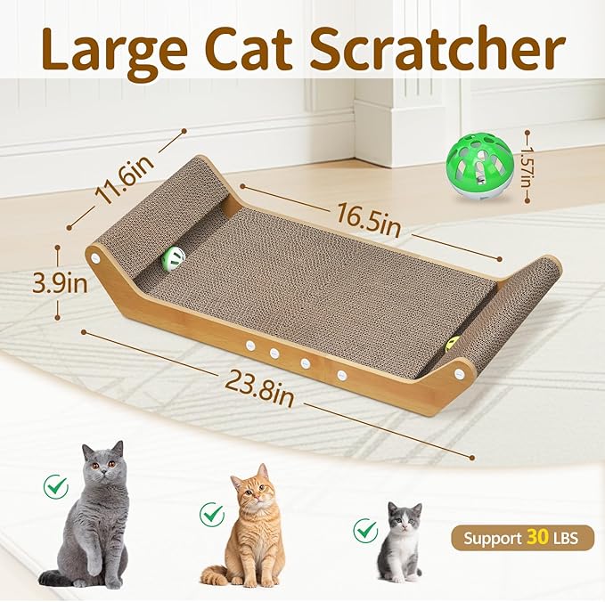 Modern Cat Scratcher Pad Cardboard for Indoor, 23.8" Scratching Lounger Board with Ball Track for Kittens & Large Cats, 3 in 1 Floor Horizontal Bed for Furniture Protection